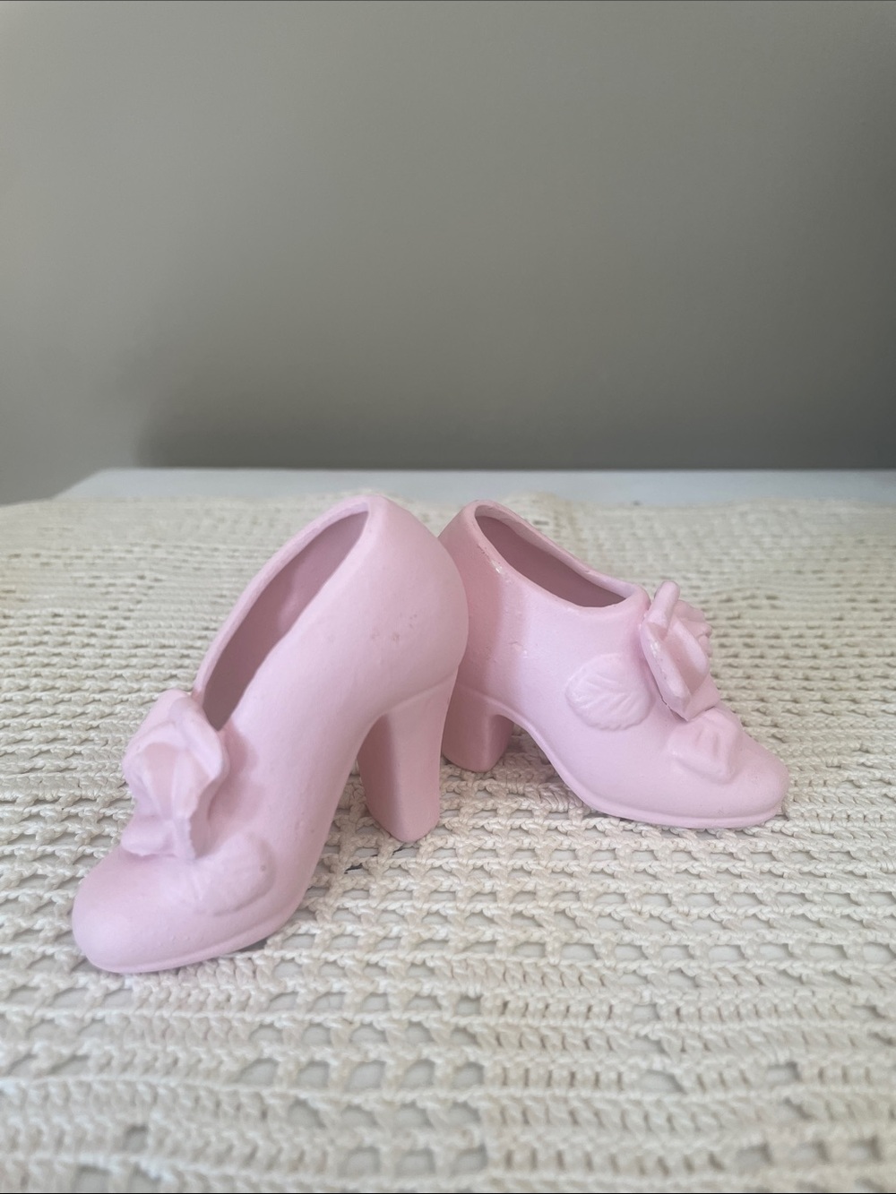 Miniature pink ceramic shoe figurines decor